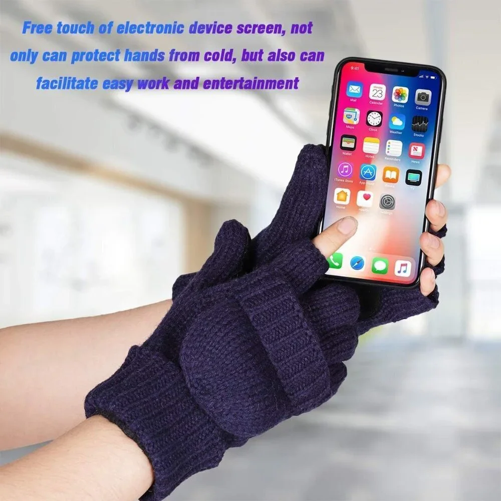 Women's Navy Winter Warm Thermal Insulation Fingerless Texting Wool Gloves